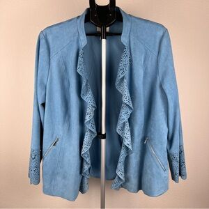 Chico’s 3 Dusty Teal Blue Faux Suede Boho Jacket Laser Cut Open Front XL 16